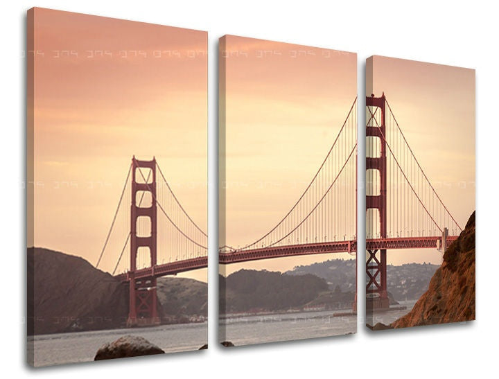 Slika na platnu s motivom most golden gate zalazak sunca – 3D prikaz platna s vidljivim drvenim okvirom, Papilora.