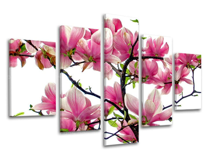 Slika na platnu s motivom ružičaste magnolije na bijeloj pozadini – 3D prikaz platna s vidljivim drvenim okvirom, Papilora.