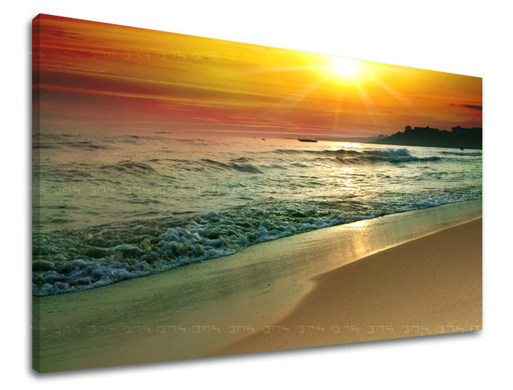 Slika na platnu s motivom zalazak sunca na pješčanoj plaži – 3D prikaz platna s vidljivim drvenim okvirom, Papilora.