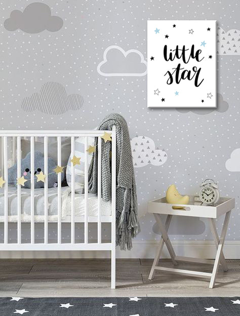 Slika na platnu s motivom natpis little star sa zvjezdicama – 3D prikaz platna s vidljivim drvenim okvirom, Papilora.
