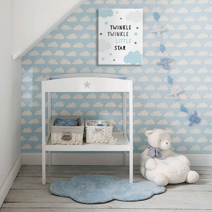 Slika na platnu s motivom natpis twinkle twinkle little star s oblacima – 3D prikaz platna s vidljivim drvenim okvirom, Papilora.