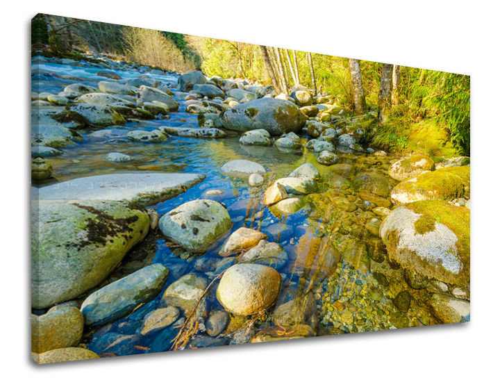 Slika na platnu s motivom planinski potok s kamenjem i drvećem – 3D prikaz platna s vidljivim drvenim okvirom, Papilora.