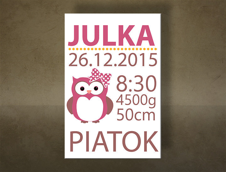 Slika na platnu s motivom personalizirani plakat s ružičastom sovom – 3D prikaz platna s vidljivim drvenim okvirom, Papilora.