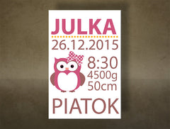Slika na platnu s motivom personalizirani plakat s ružičastom sovom – 3D prikaz platna s vidljivim drvenim okvirom, Papilora.
