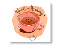Slika na platnu s motivom šalica čaja s natpisom good morning obješena u modernom stilskom interijeru iznad drvene konzole s vazom i svijećom, Papilora.