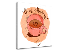 Slika na platnu s motivom šalica čaja s natpisom good morning – 3D prikaz platna s vidljivim drvenim okvirom, Papilora.