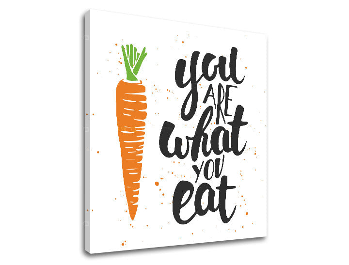 Slika na platnu z motivom korenček in napis you are what you eat – 3D prikaz platna z vidnim lesenim okvirjem, Papilora.
