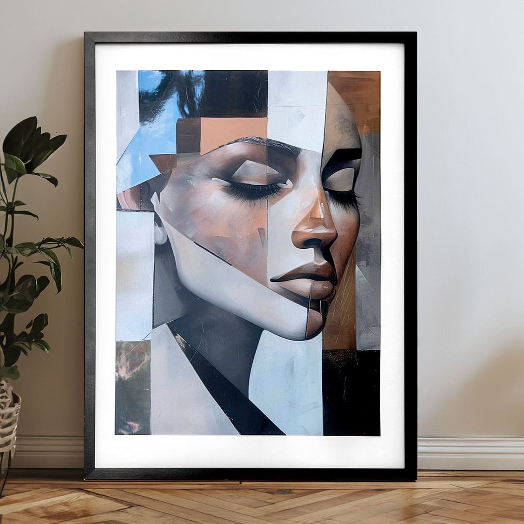 Slika na platnu s motivom apstraktni portret žene zatvorenih očiju – 3D prikaz platna s vidljivim drvenim okvirom, Papilora.
